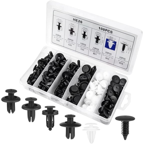 100PCS Bumper Retainer Clips Car Body Trim Clips Set, 6 Sizes Universal Plastic Rivets Fasteners Push Type Retainer Kit, Push-in Screws Fenders Panel Clips Car Accessories with Storage Box