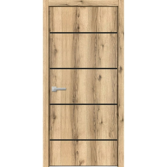 Modern Wood Interior Pre-Hung Door with Hardware | Planum 0015 Oak | Single Panel Frame Trims | Bathroom Bedroom Sturdy Doors-18" x 84"