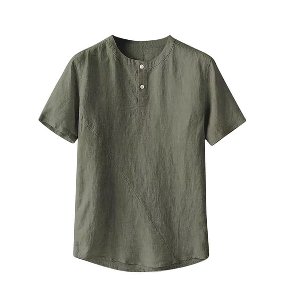 WREESH Men's Henley Tee Summer Casual Solid Color Short Sleeve Shirts with Slim Fitting Olive Green