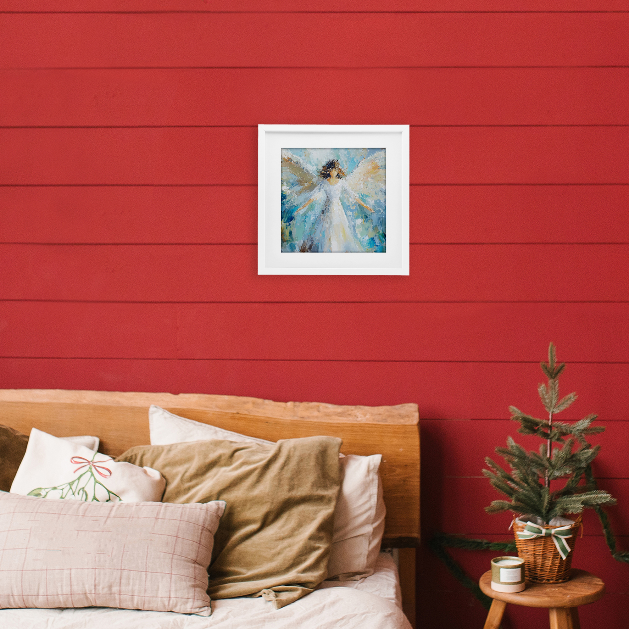 Flying Glory Angel White Framed Print Under Glass, design by Petal Prints Design