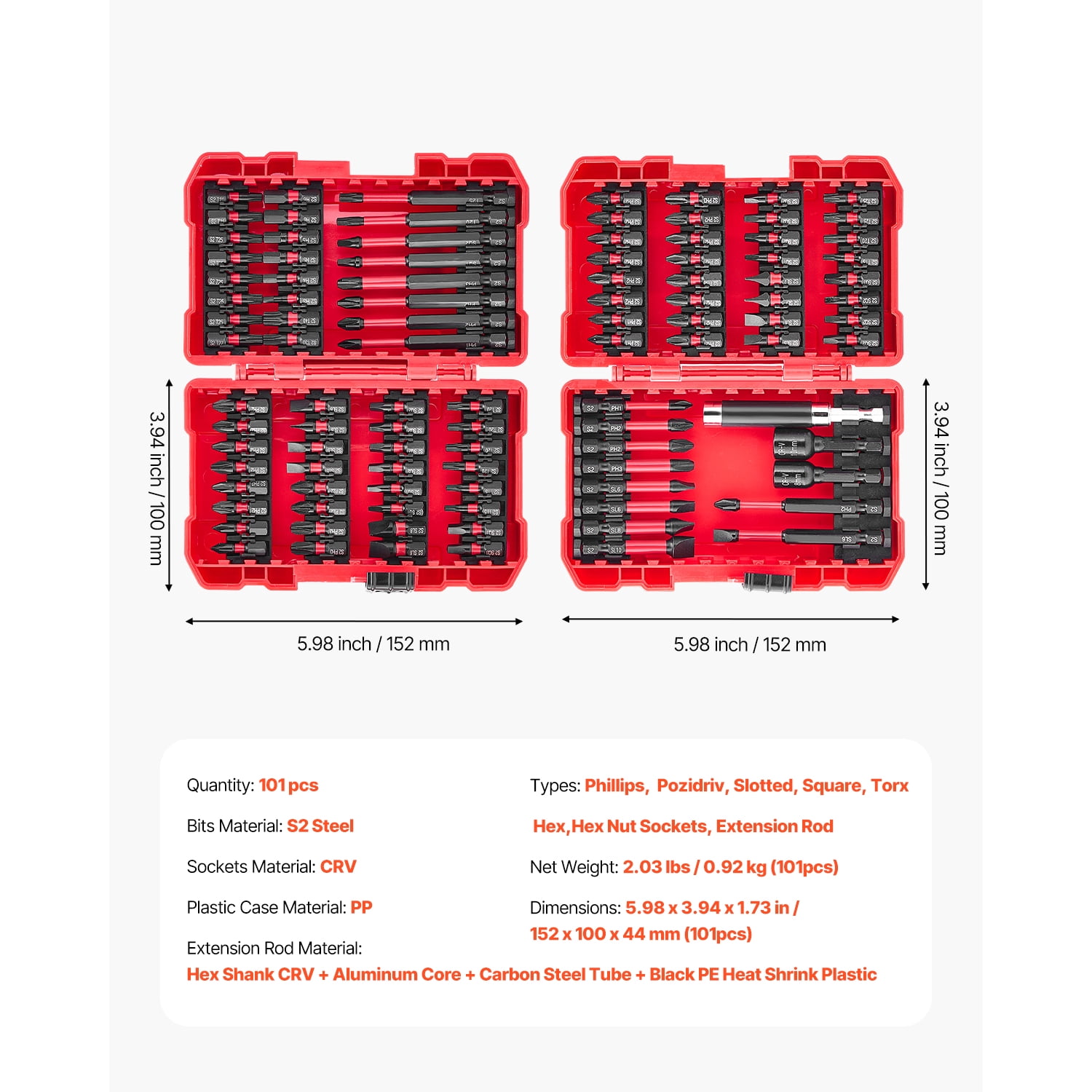 KFFKFF 101-Piece Screwdriver Bit Set with Magnetic Phillips, Pozidriv, Slotted, Square, Torx, Hex Bits, Hex Nut Sockets, Extension Rod, Durable S2 Alloy Steel, Blackened Finish, Includes Storage Case