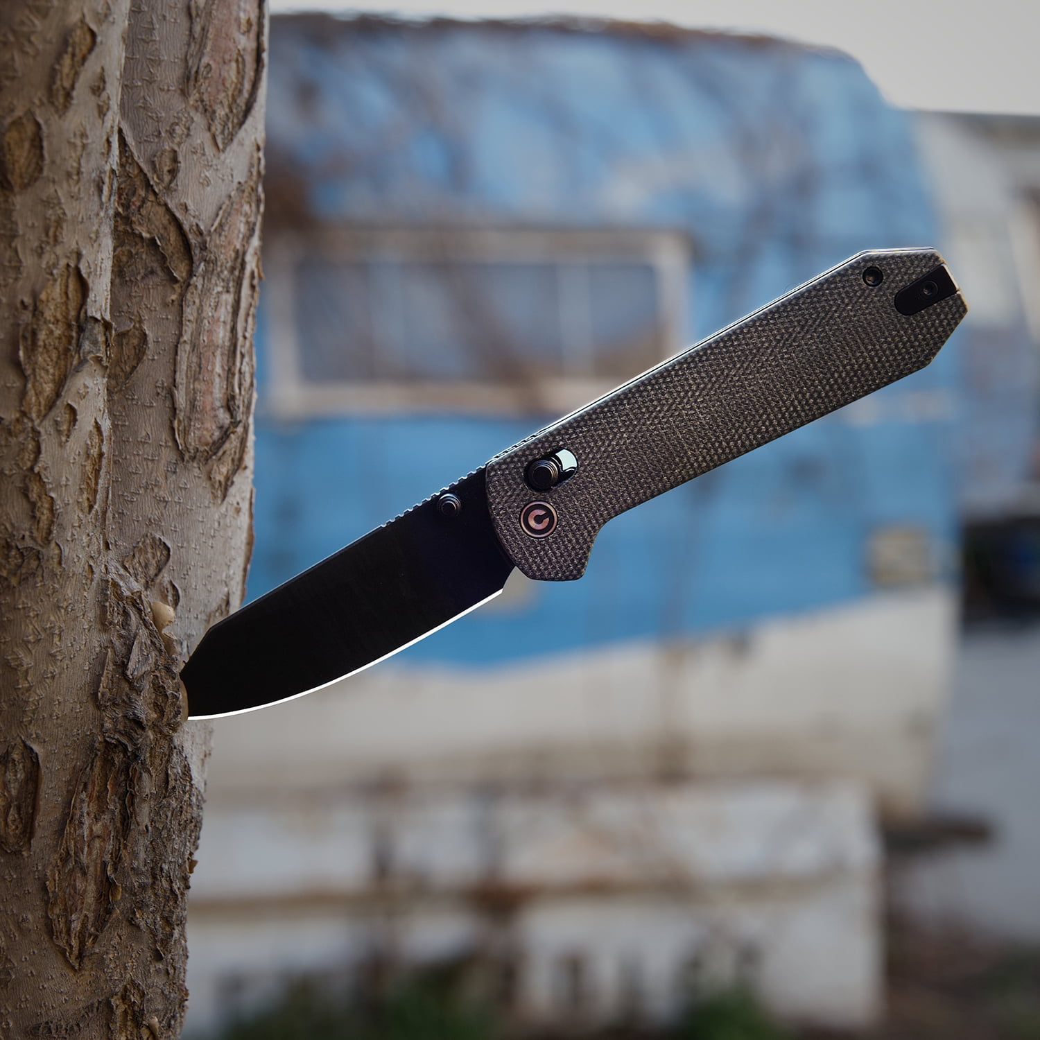 CIVIVI Over Yonder Pocket Knife Folding Knife with 3.35" Black Stonewashed 14C28N Blade Thumb Stud & Crossbar Lock Knife Dark Green Canvas Micarta Handle C25027-1