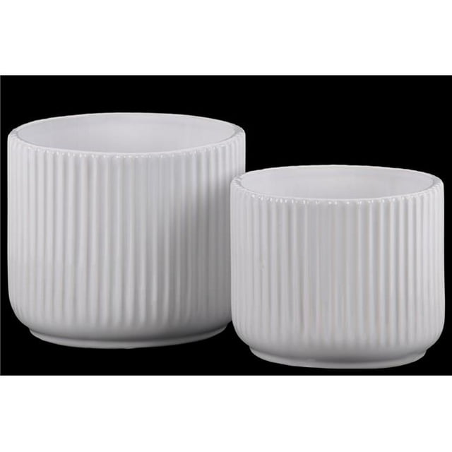 Urban Trends Collection 11444 Ceramic Round Pot with Ribbed Design Body - Tapered Bottom, Gloss & White - Set of 2