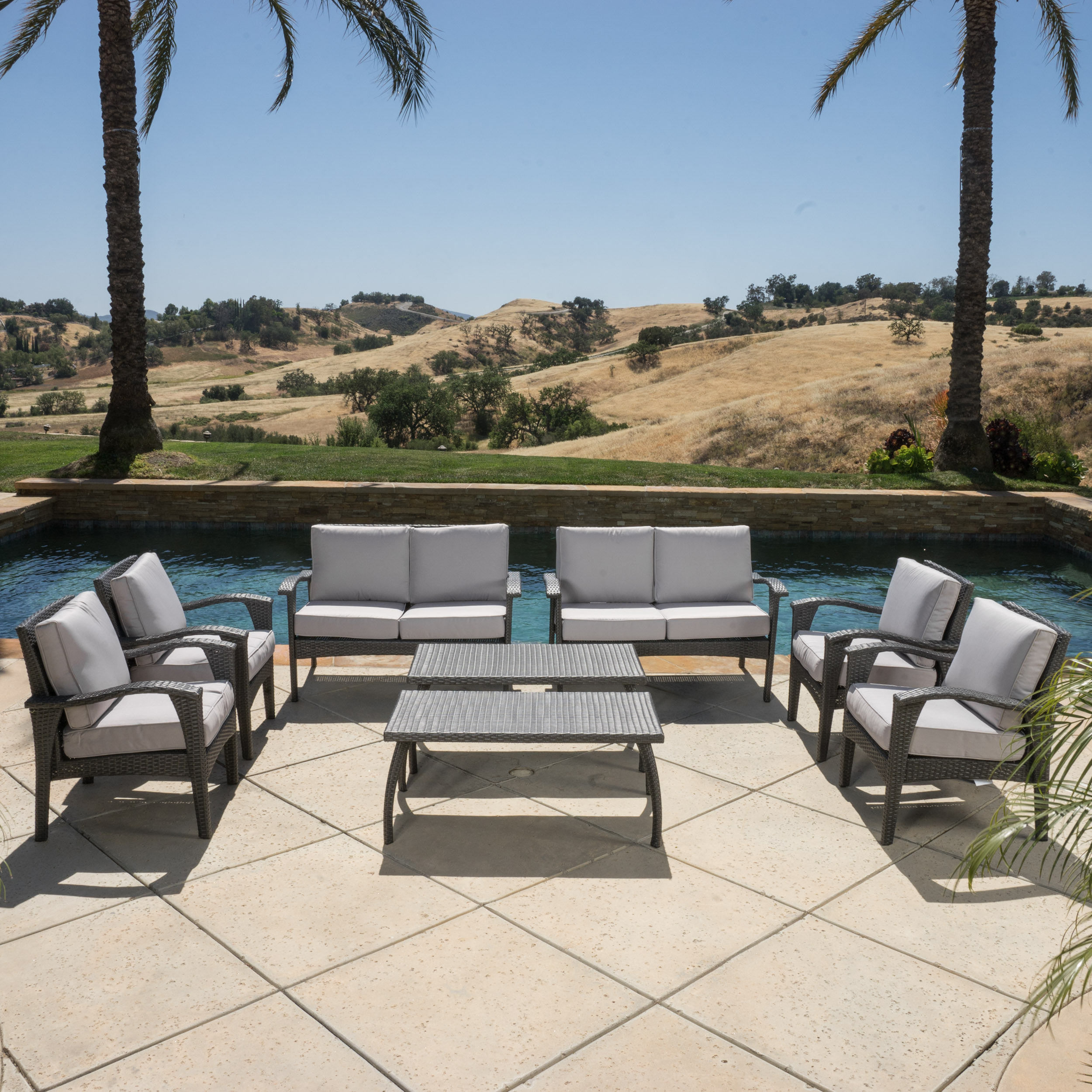 Outdoor 8 Piece Outdoor Grey Wicker Chat Set with Cushions