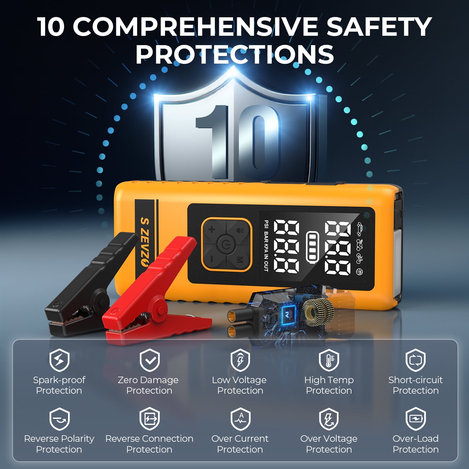 6000A 150PSI Car Battery Charger Jump Starter ,with Air Compressor,12V Jump Box Car Battery Jumper Starter Portable with Jumper Cables, LCD Display, Lights,Yellow