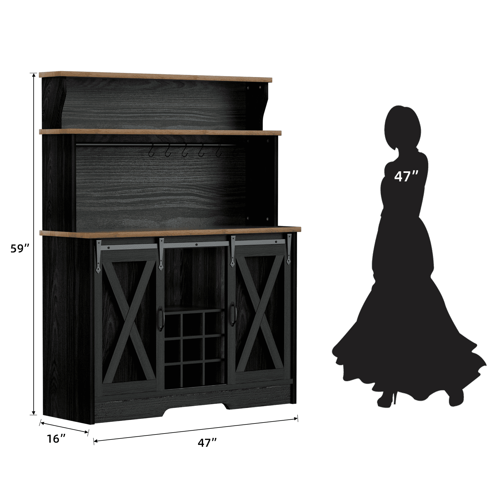 Farmhouse Coffee Bar Cabinet with 3 Tier Storage Hutch, 47'' Coffee Bar Station with Sliding Barn Door, Hutch Storage Cabinet with 9 Wine Racks & 9 Hooks for Kitchen Dining Living Room