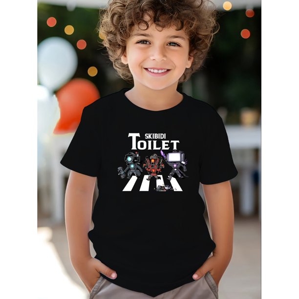 Boys' Black Robot Graphic T-Shirt - "SKI BIDI Toilet" Design, Soft Cotton, Crew Neck, Short Sleeve - Perfect for Play, Sports & Casual Attire, Sports Tee | Humorous Print | Comfortable Fit