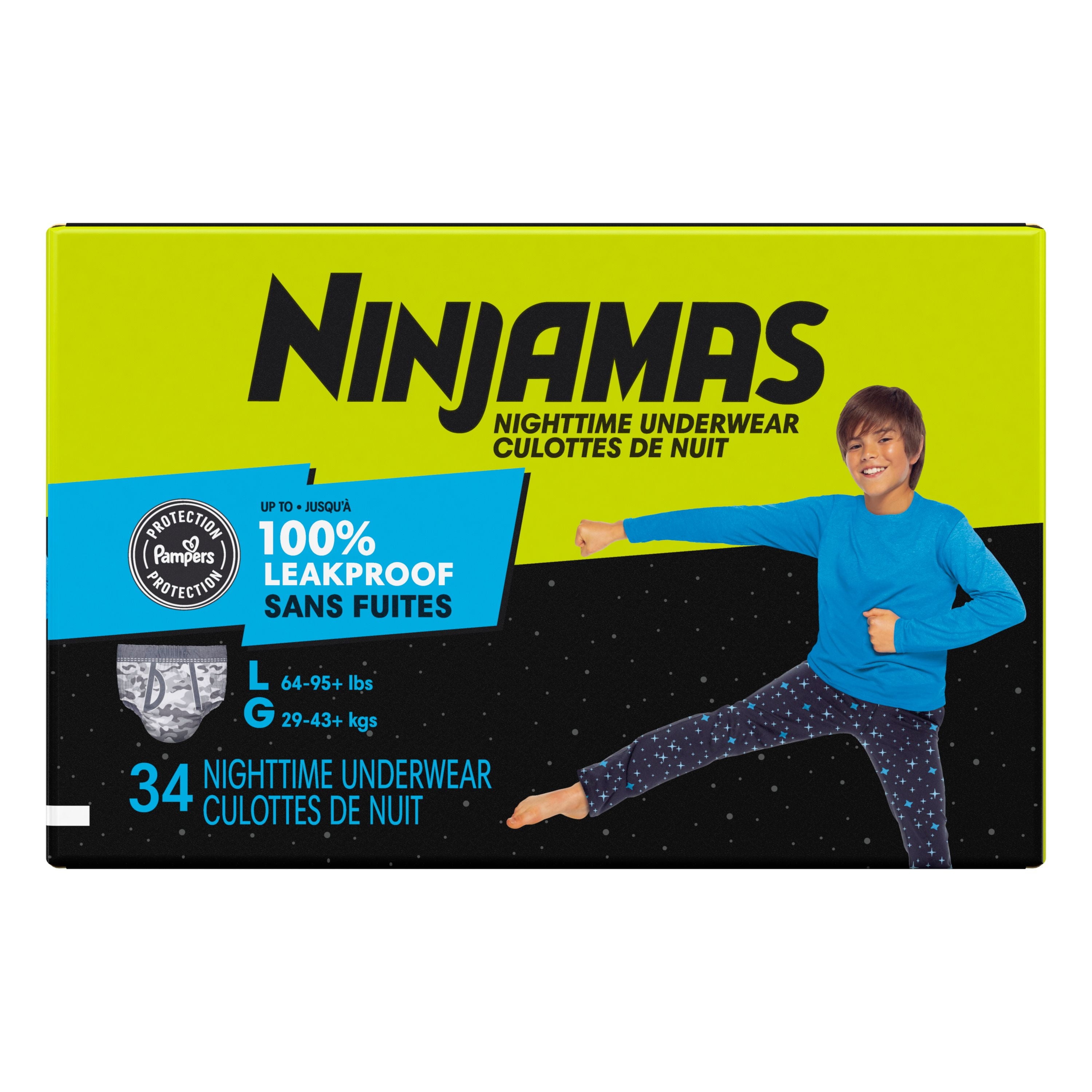 Ninjamas Boys Bedwetting Nighttime Underwear, Size L (64-95+ lbs), 34 Count