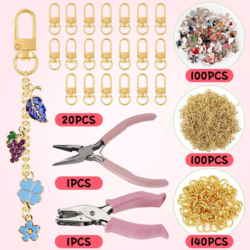 Keychain Making Kit w/Charms Jump Rings Hole Punch Pliers for DIY Crafting and Jewelry Making