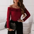 thumbnail image 4 of HAiming Women Long Sleeve off Shoulder Tops Solid Color Lace Patchwork Slim Ribbed Knit Shirts Casual Pullover Blouse, 4 of 9