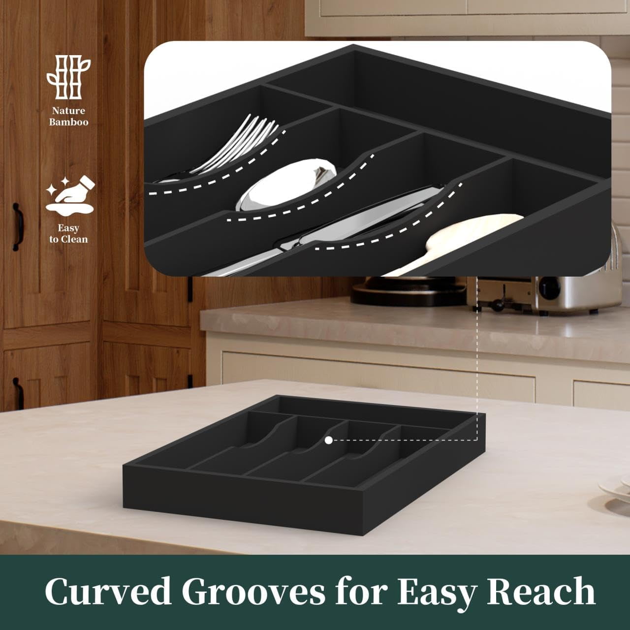 UniVerse Bamboo Silverware Organizer, Kitchen Drawer Organizer, Utensil Holder, Cutlery Tray & Spoon Flatware Storage with Grooved Drawer Dividers (5 Slots, Black)