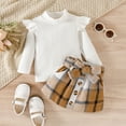 thumbnail image 2 of EnJoCho Children’s Outfit Toddler Girls Ruffles Long Sleeve Solid Ribbed T Shirt Tops Plaid Prints Bow Tie Skirt Outfits Little Child Trendy Fall Winter Clothing Set, 2 of 8
