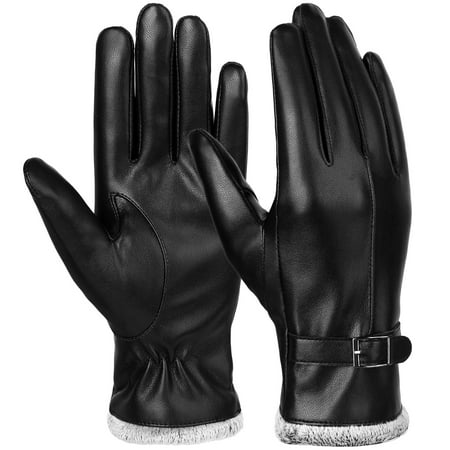 Winter Leather Gloves for Women, Wool Fleece Lined Warm Gloves, Touchscreen Texting Thick Thermal Snow Driving Gloves, Black(PU),