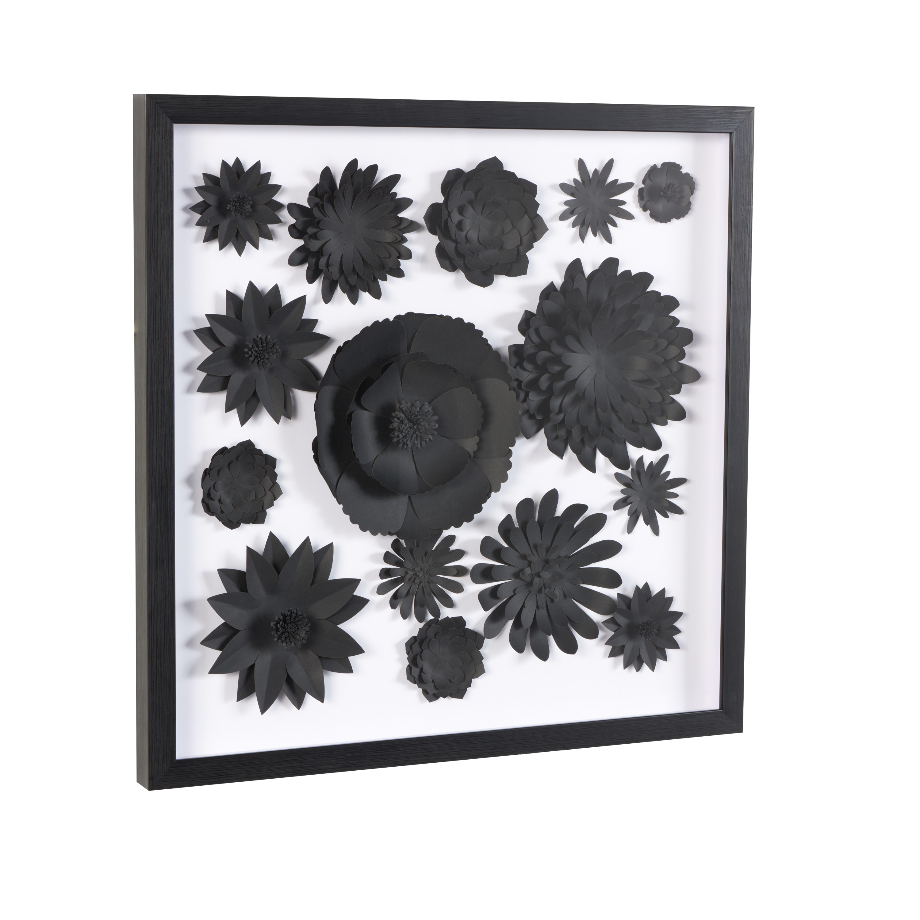 20" x 20" Black Floral Cluster Shadow Box with Varying Shapes and Sizes, by DecMode