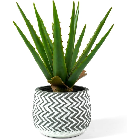 Ferrisland Artificial Aloe Vera Potted Plant, 12 Inch Fake Succulent in Decorative Chevron Pot, Faux Indoor Houseplant for Home Office Living Room Desk Shelf Aesthetic Decor, No Maintenance Realistic