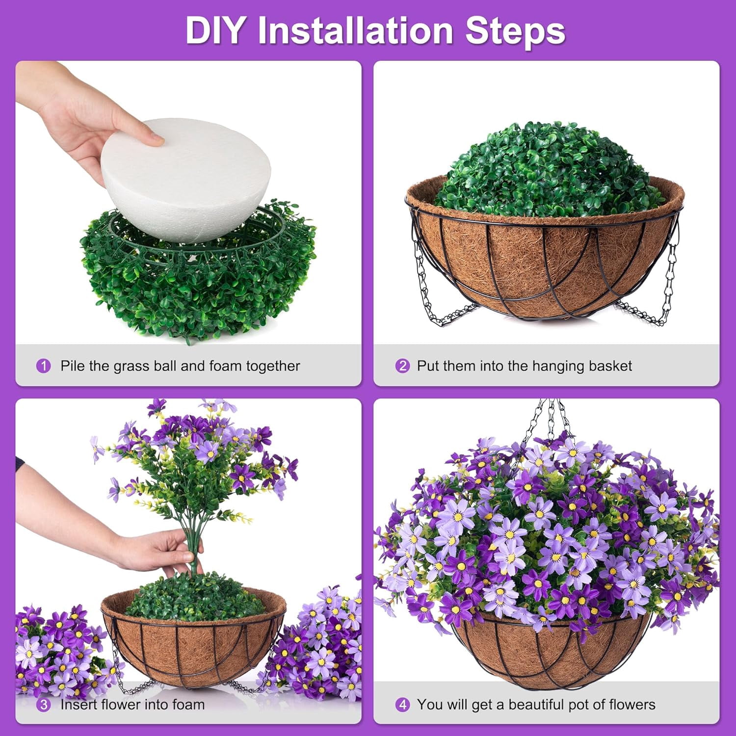 12" Hanging Planter with Artificial Silk Daisy Flowers for Outdoor Decor, Faux Silk Flower UV Resistant Plants in Basket for Indoor Porch Garden Yard Spring Summer Decor(Rose Yellow)