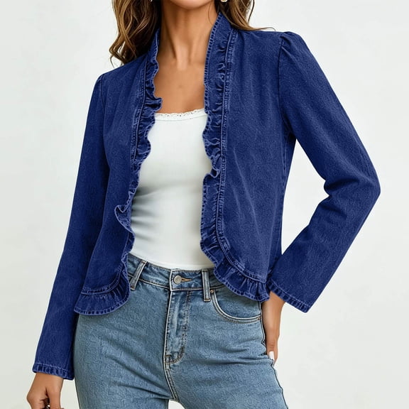 Wovilon Women's Long Sleeve Ruffle Trim Denim Jacket with Open Front, Casual Vintage Style Lightweight Layer for Spring Fall and Daily Wear