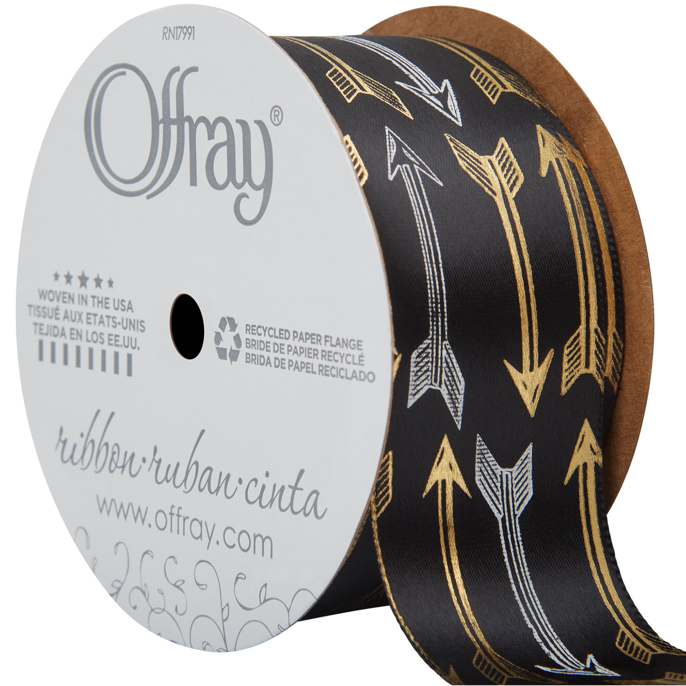 Offray Ribbon, Black 1 1/2 inch Arrows Satin Ribbon for Sewing, Crafts, and Gifting, 9 feet, 1 Each