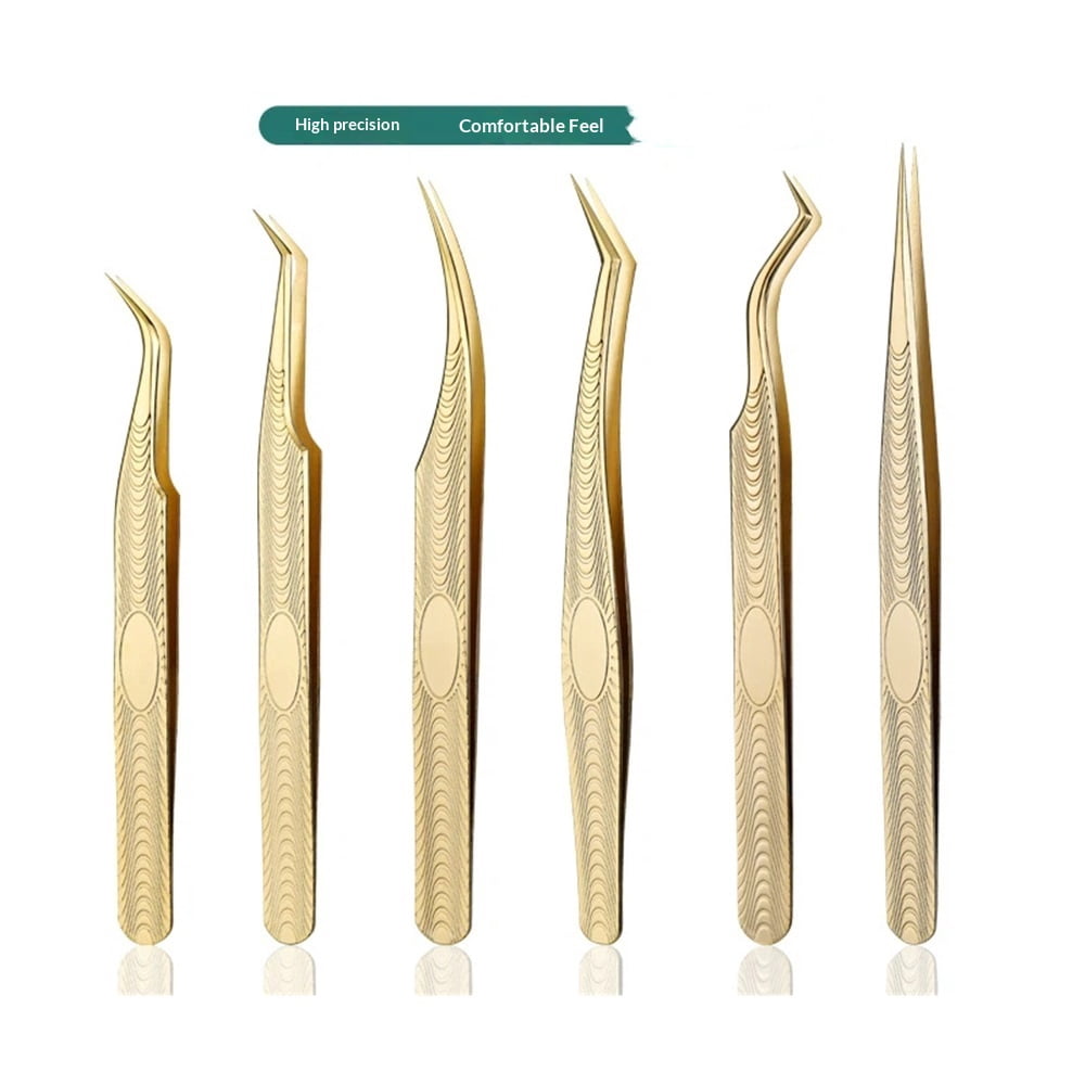 6 pack Lash Tweezers for Eyelash Extension, Professional Lash Extension Tweezer Set, High Precision Eyelash Tweezers for Volume Eyelash Extensions (Gold, 6 PCS Set)
