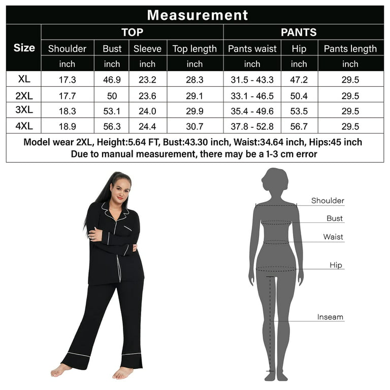 TWINNIS Women's Plus Size Pajamas Set Button Down Night Shirt Soft Pjs  Lounge Sets,Black,2XL