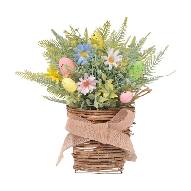 Spring Door Wreath with Easter Eggs Wall Hanging Basket Plastic Simulation Flower 1 Pc for Porch Farmhouse Home Spring Decor