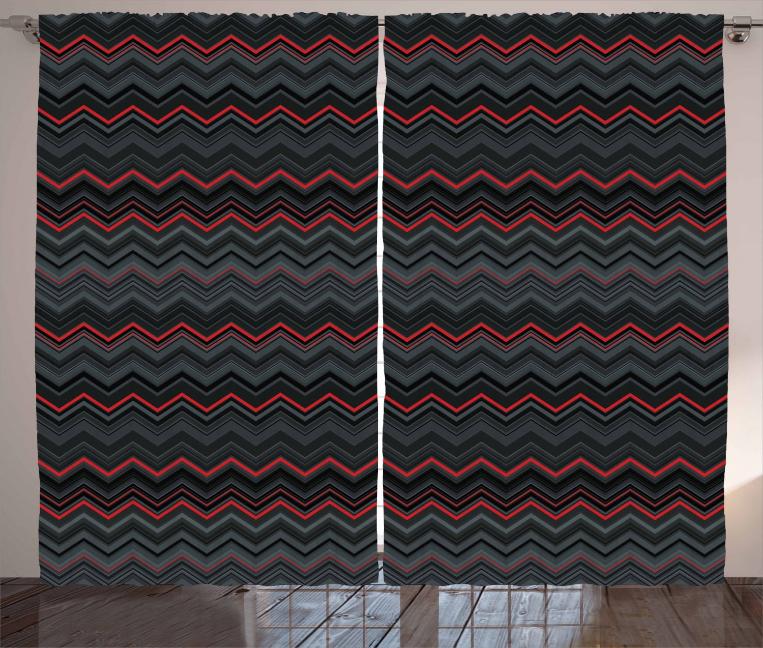 Red and Black Curtains 2 Panels Set, Zigzag Chevron Design with Bold