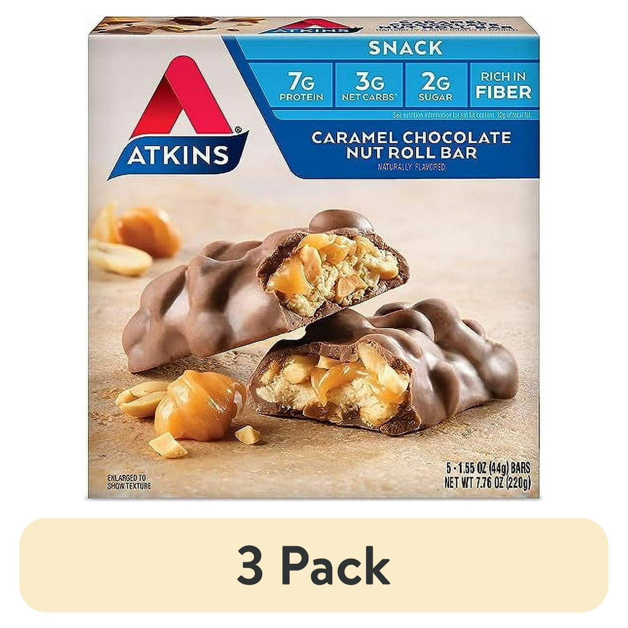 (3 pack) Atkins Caramel Chocolate Nut Roll Snack Bar, Protein Snack, High in Fiber, Low Sugar, 6/5 Packs