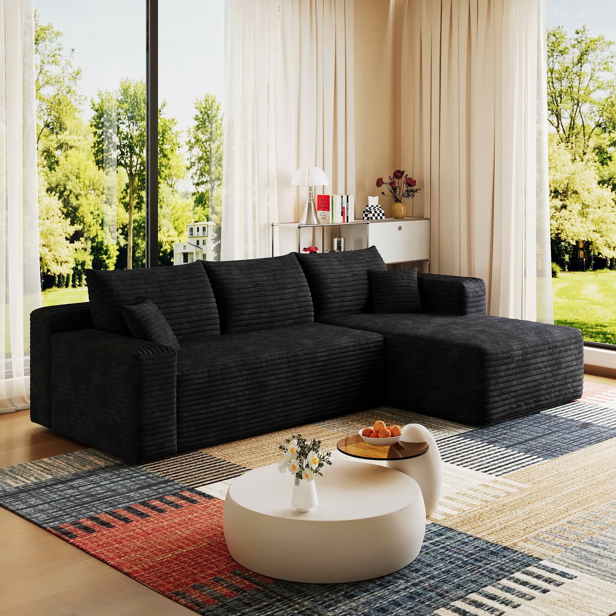 MAYEERTY 94-Inch Black Plush Corduroy 3-Seat U-Shaped Cloud Modular Sectional Sofa, Deep Seat Corner Couch No Assembly Required