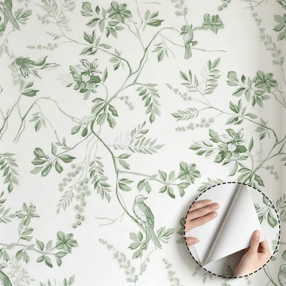 Green Sage Floral Bird Wallpaper Farmhouse Vintage Minimalist Aesthetic Self Adhesive Removable Waterproof Wall Decor for Living Room Bedroom Kitchen Cabinet Drawer Dorm Room 17.7 * 118 in
