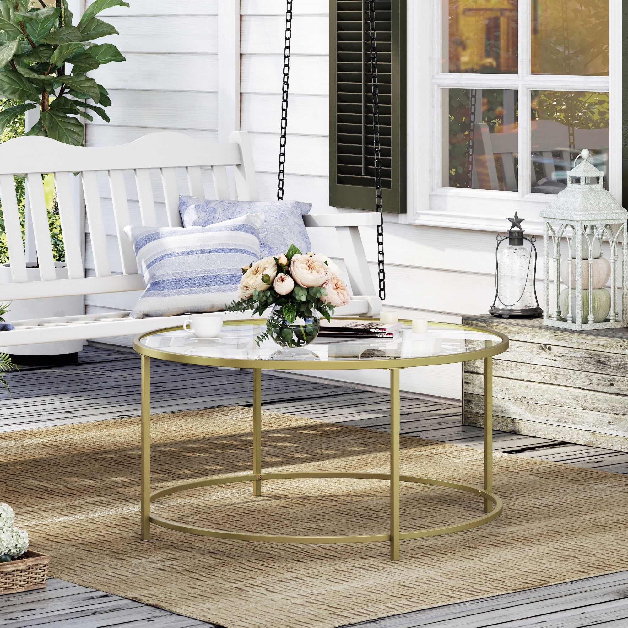 VASAGLE Round Coffee Table, 35.4-Inch Dia. Glass Table with Golden Steel Frame, Living Room Table, Sofa Table, Robust Tempered Glass, Stable, Gold