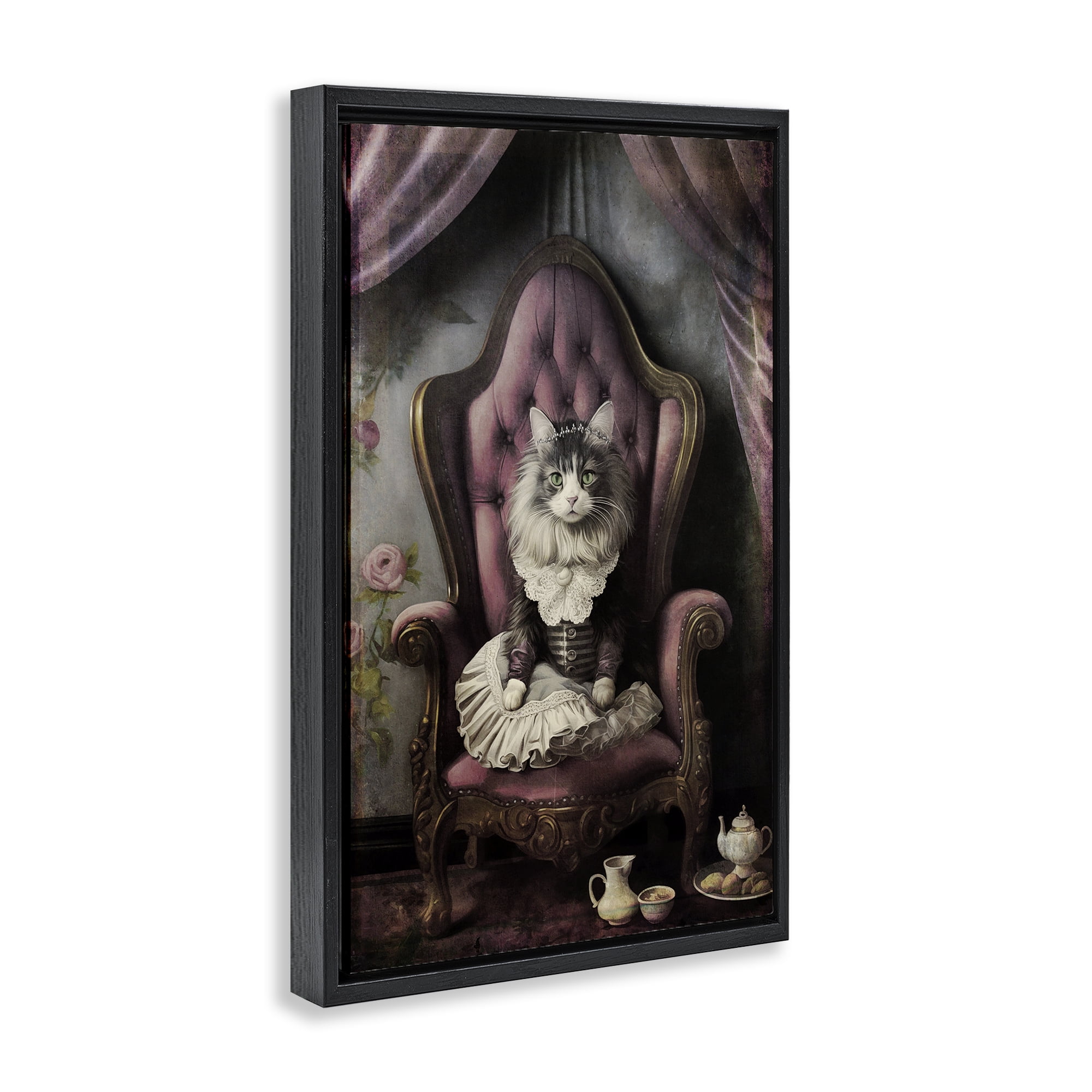 Stupell Industries Royal Cat & Tea Novelty Painting Black Floater Framed Canvas Art Print Wall Art, 17 x 25