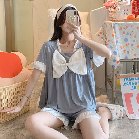 

PIKADINGNIS Short Sleeve Silk Pajamas Comfortable Women Summer Pajama Sets Printed Cotton Bow Sleepwear Pyjamas Young Girl Style Clothes