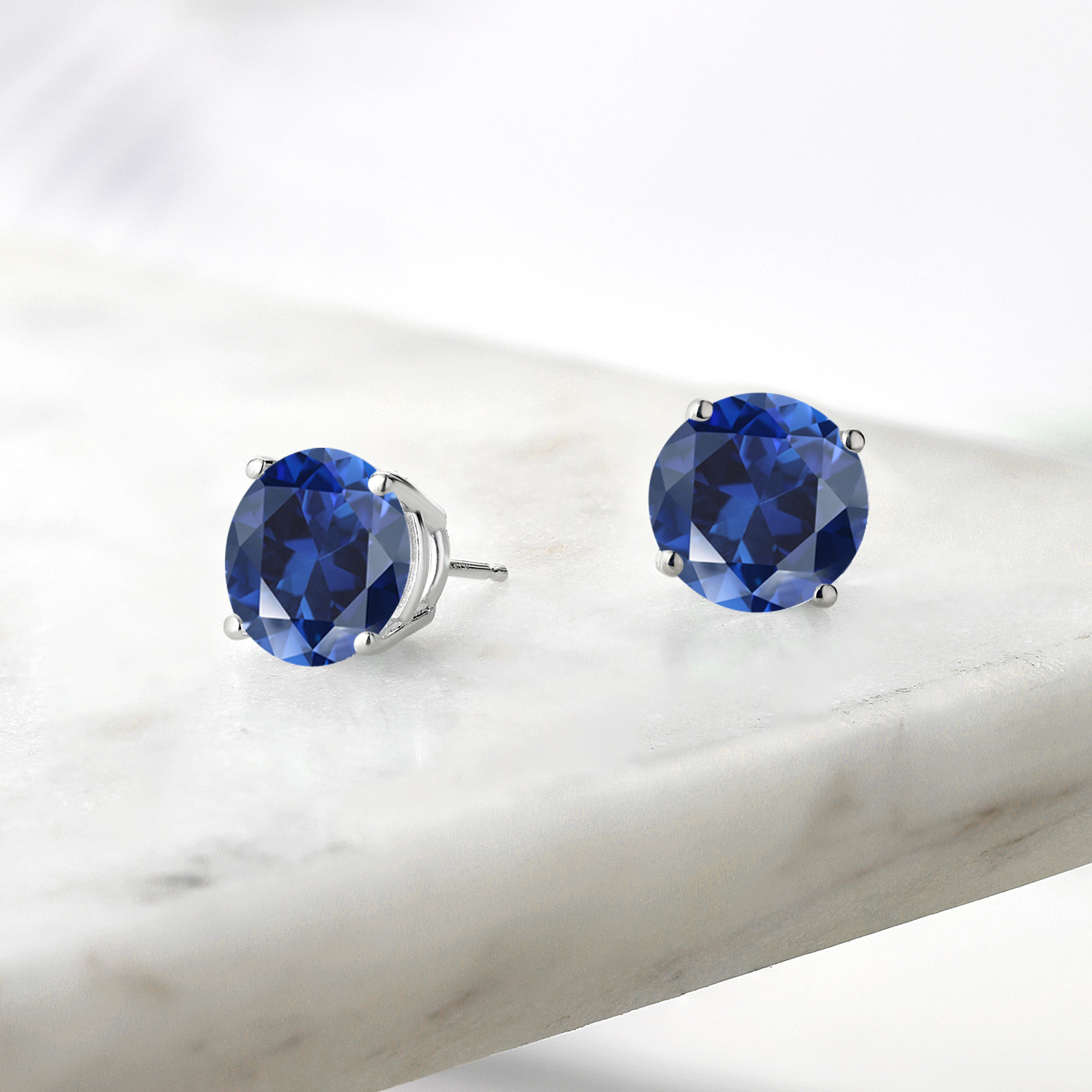 Gem Stone King 925 Sterling Silver Blue Created Sapphire Stud Earrings for Women Men (7.32 Cttw, Round 10MM)