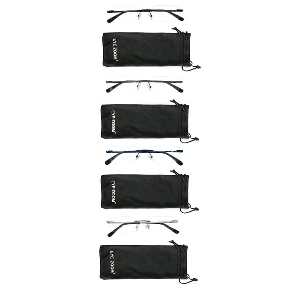 EYE ZOOM 4 Pack Unisex Rimless Metal Frame Reading Glasses with Pouch for Men and Women (Mul-color, +2.25)
