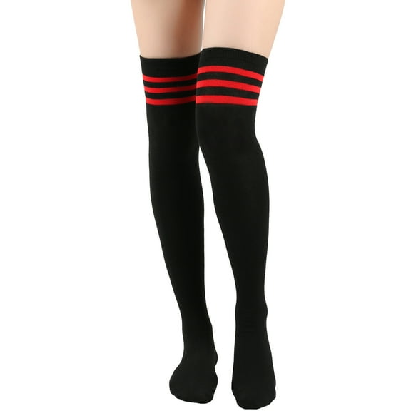 suxuMhao Knee High Socks, One Size Fits Most (Length 24in) Black&Red Polyester Stripes Long Socks, 3 Pairs Knee Socks – Suitable for Cheerleading team,Fall Daily Warmth & Outfit Matching