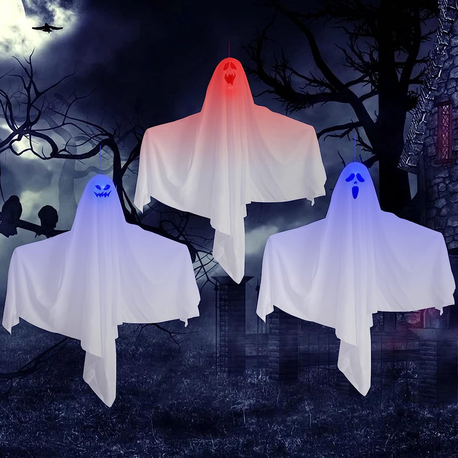 3 Pcs Halloween Hanging Ghosts Decorations Light up Ghost with LED ...