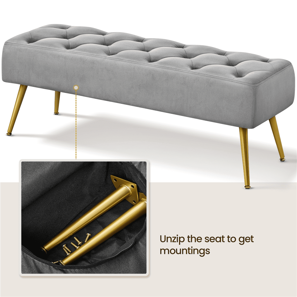 Yaheetech Velvet Upholstered Button Tufted Footstool Bench for Bedroom, Gray