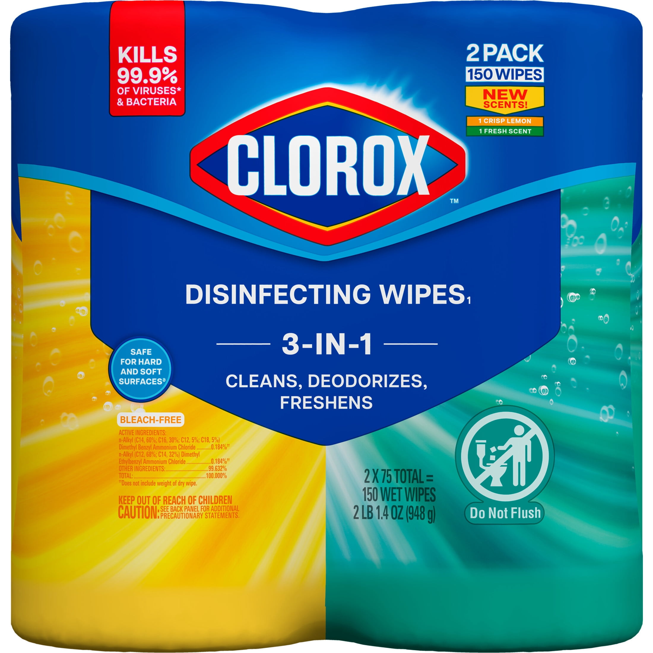 Clorox Disinfecting Cleaning Wipes Variety Pack, Bleach Free, Fresh Scent and Crisp Lemon, 75 Count Each, Pack of 2