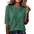 thumbnail image 3 of Linen Texture Blouse for Women, Crew Neck Half Sleeve Loose Tunic - Lightweight Breathable Summer Casual Top Green L, 3 of 7