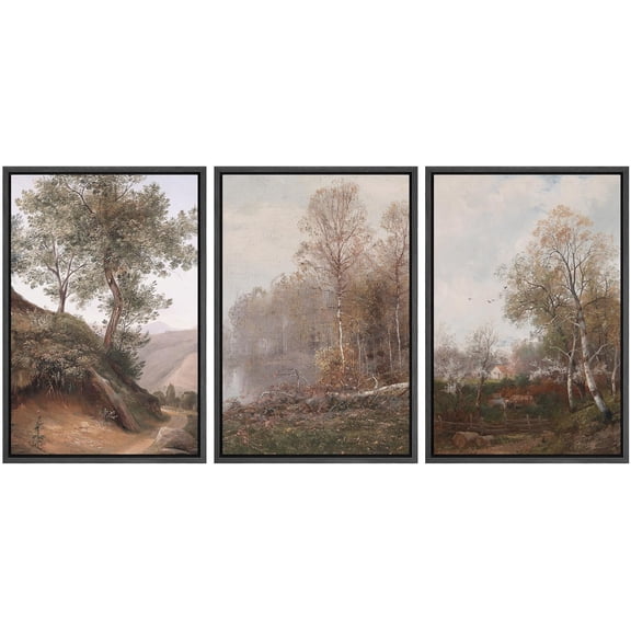 IDEA4WALL Framed Canvas Print Wall Art Set of 3 Autumn Forest Meadow Print, Botanical Print, Modern Farmhouse Wall Decor, Nature Countryside Landscape Artwork for Living Room - Black 16"x24"x3