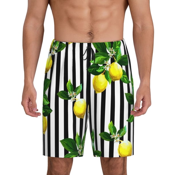 Fotbe Lemons on Striped Pantalones Cortos de Pijama para Hombre, Ropa de Dormir, Pantalones de Pijama Cortos para Hombre-Medium