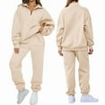 thumbnail image 3 of Women'S 2 Piece Outfits Lounge Sets Long Sleeve Half Zip Pullover and Baggy Sweatpants with Pockets Apricot L, 3 of 8