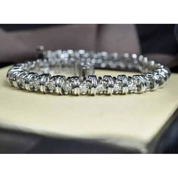 White Moissanite Round Cut 8.99 Ct Tennis Bracelet Plated White Gold 14k
