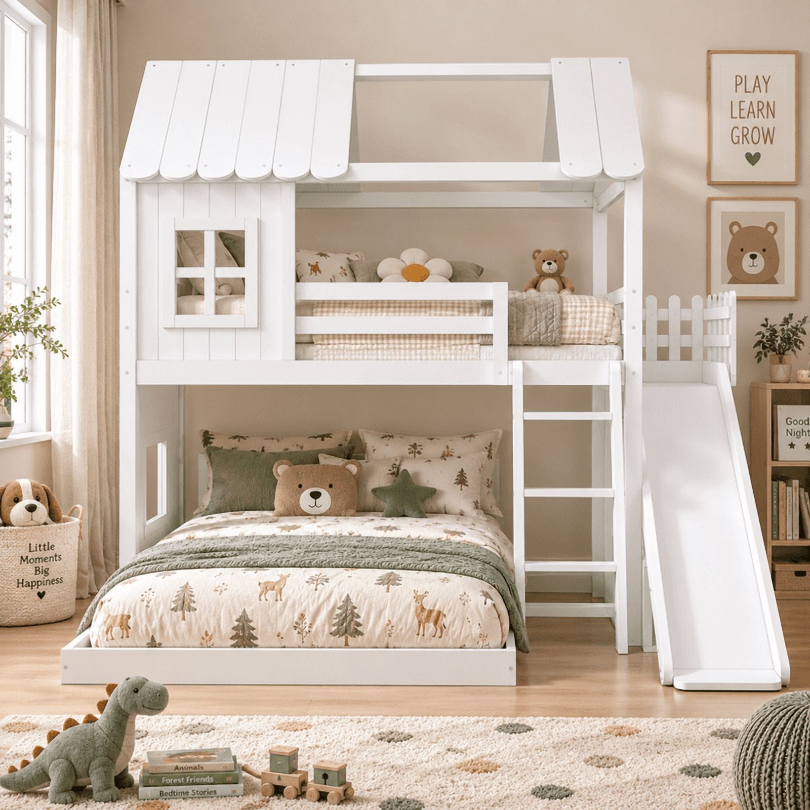 Twin Over Full House Bunk Bed with Slide and Ladder, Kids House Floor Bunk Bed with Storage Shelves and Wardrobe, Playhouse Design, Solid Wood Frame, No Box Spring Needed