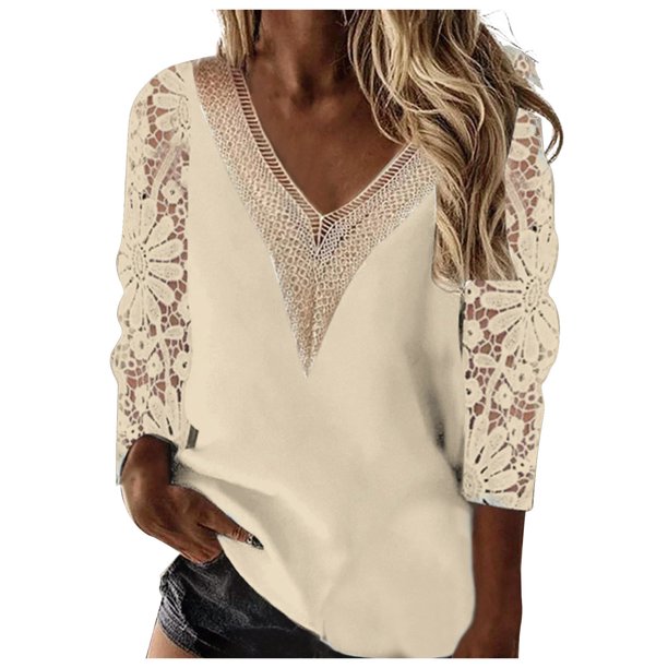 ICHUANYI Clearance Women's Summer Fashion Elegant Style 9/4 Sleeve V-Neck Panel Cutout Lace Chiffon Shirt(Yellow, XL) ICHUANYI WER2023081207676