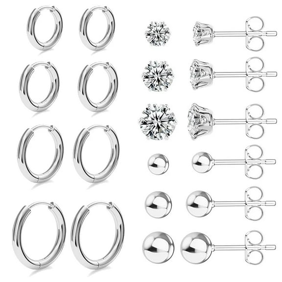 Xukmct 10 Pairs 316L Surgical Stainless Steel Studs Earrings Hoop Earrings Round Ball Earring for Women Men, Silver