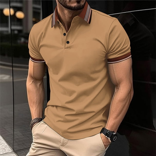 Mens Fallow Button Turn-down Collar Top Short-Sleeved Stripe Sports Top Shirt