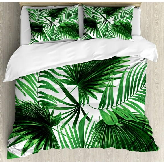 Palm Leaf King Size Duvet Cover Set, Realistic Vivid Leaves of Palm Tree Growth Ecology Lush Botany Themed Print, Decorative 3 Piece Bedding Set with 2 Pillow Shams, Fern Green White, by Ambesonne