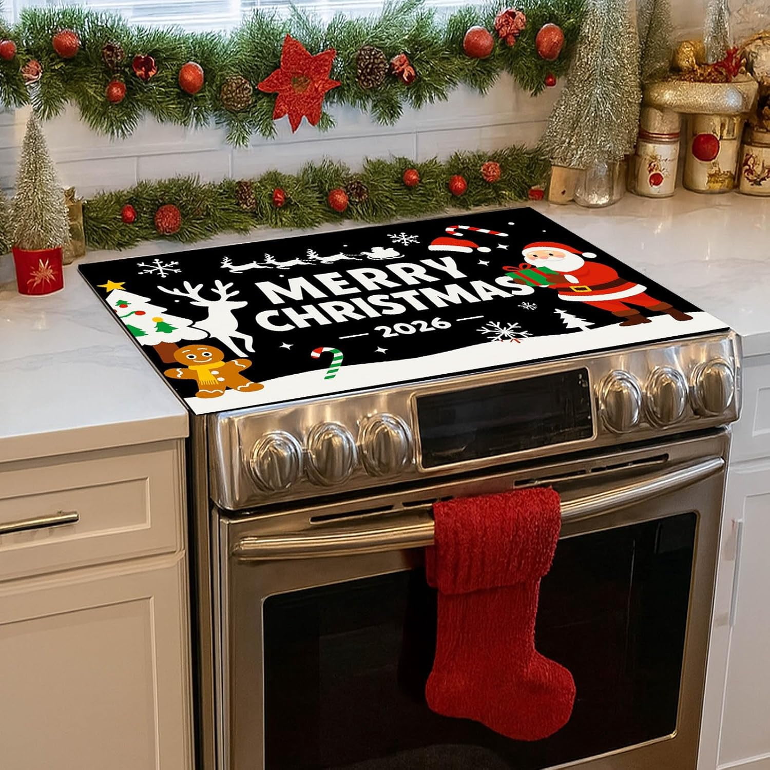 Merry Christmas Stove Top Cover 28x20 Inch Black Background Santa Claus Reindeer Gingerbread Man Silicone Glass Top Protector Kitchen Counter Mat Holiday Decoration