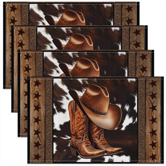 Western Cowboy Table Placemats Set of 4,Western Texas Star Wooden Plank Place Mats 12x18 Inch for Kitchen Table,Cow Fur Farmhouse Washable Mats Suitable for Restaurant